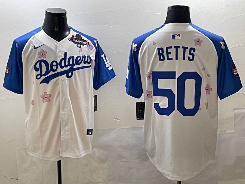 Men Los Angeles Dodgers 50 Betts White Blue Sakura Edition 2025 Nike MLB Jersey style 2